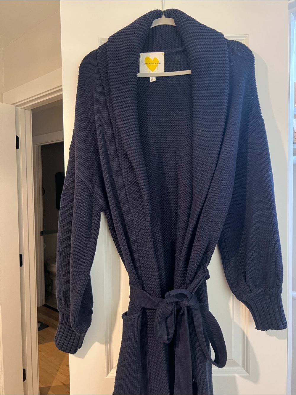Kerri Rosenthal Navy Blue Long Knit Belted Cardigan Sweater